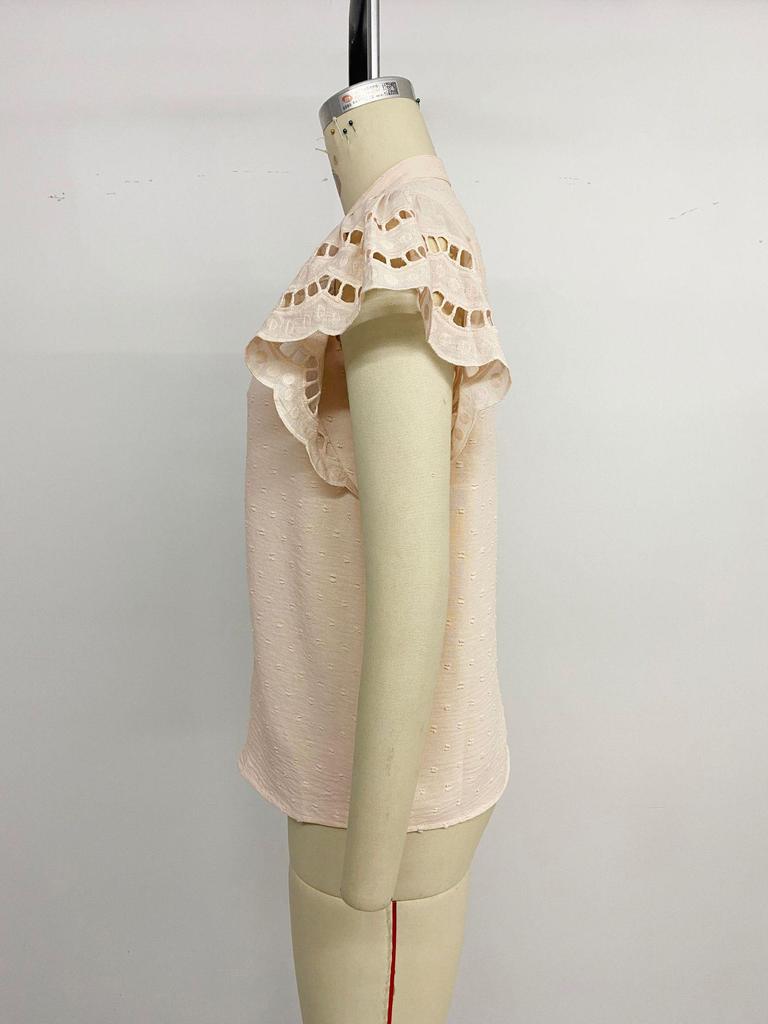 Европейская Ретро Сладкая Ажурная Блузка с Воланами на Рукавах, Стойкой Воротником, Однотонная, Женская Летняя Рубашка