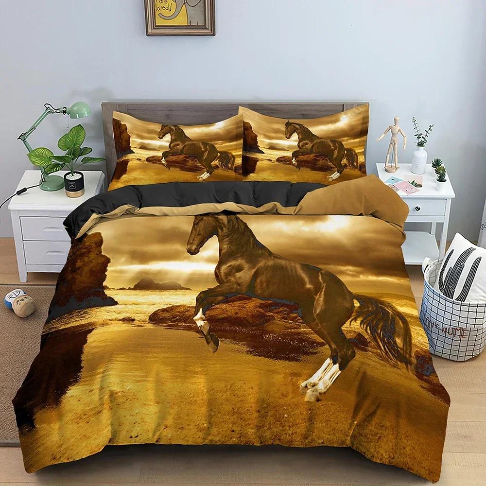 3D Animal Horse Pattern Comfortable Duvet Quilt Cover Pillowcase Bedding Set Children Bedroom Decoration Home Textile