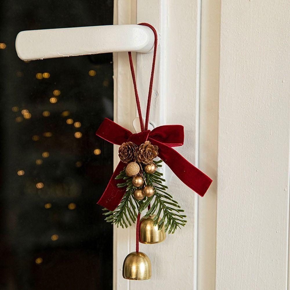 Red Christmas Velvet Bow Bell Wreath Pine Cone Bell Pendant  Holiday Party Ornament
