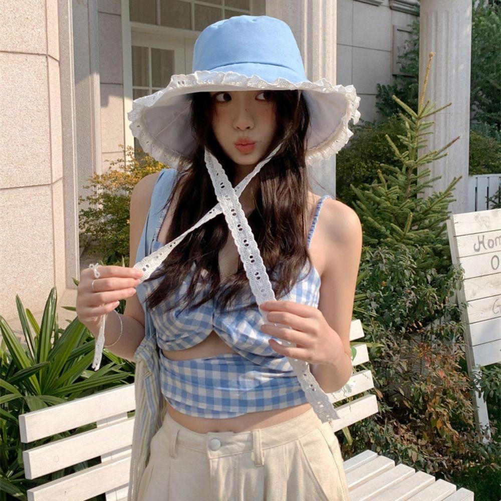 Sweet Cowboy Fisherman Hat French Style Women's Sun Hat Sunscreen Lace Ribbon Hat Girls