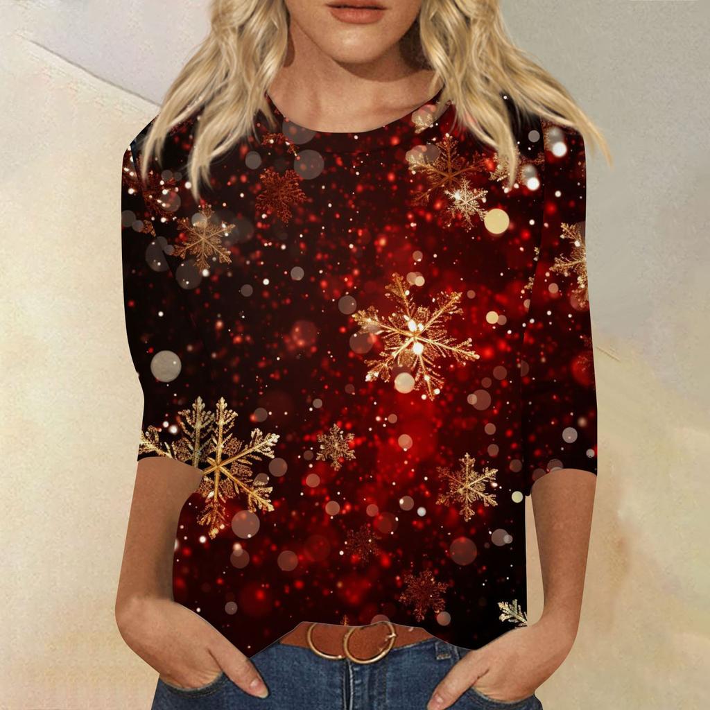 Women's Fashion Casual Seven Sleeve Christmas Printed Round Neck Top