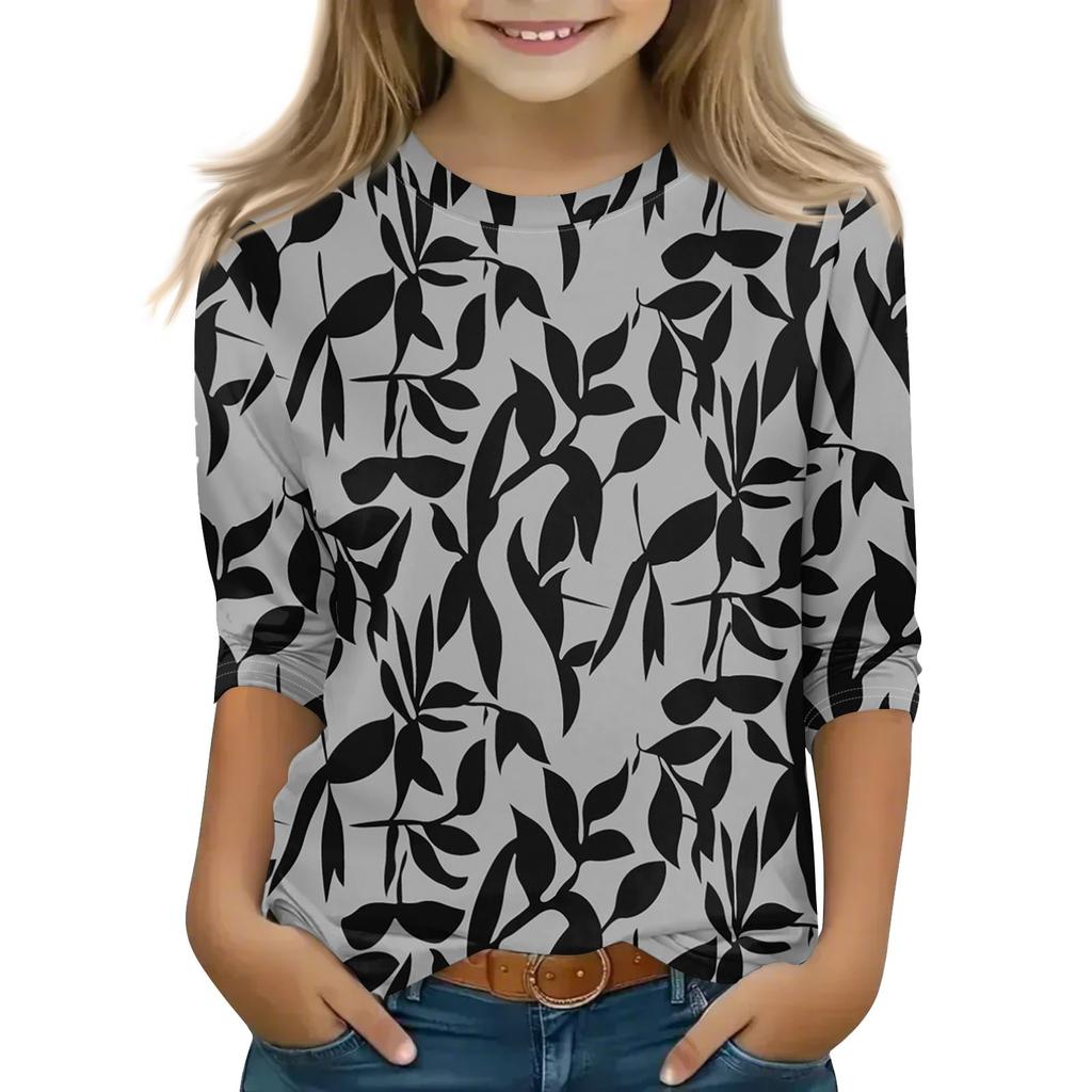 Топы с принтом для девочек 5-16 лет с круглым вырезом и рукавами 3/4 Футболки Модные топы Наряды Футболки