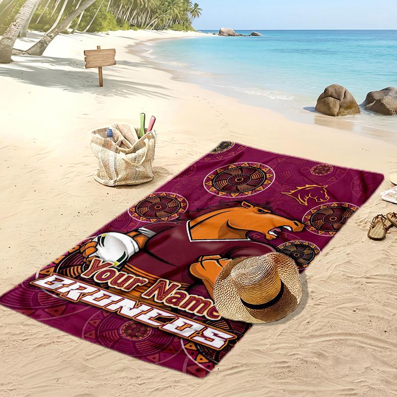 Brisbane Broncos Custom Beach Towel, Print Your Name Text Lightweight Absorbent Towel for Swimming Travel