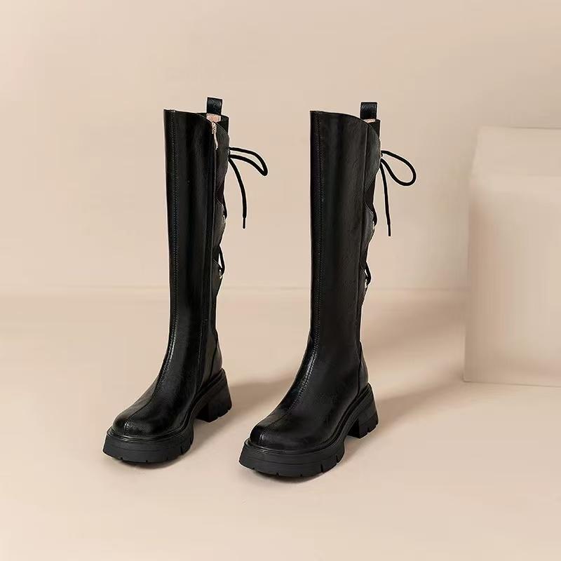 Дизайн Sense Кожаные Ботильоны на Платформе с Круглым Носком Женские Винтажные Задняя Шнуровка Толстый Высокий Каблук Ботфорты До Бедра