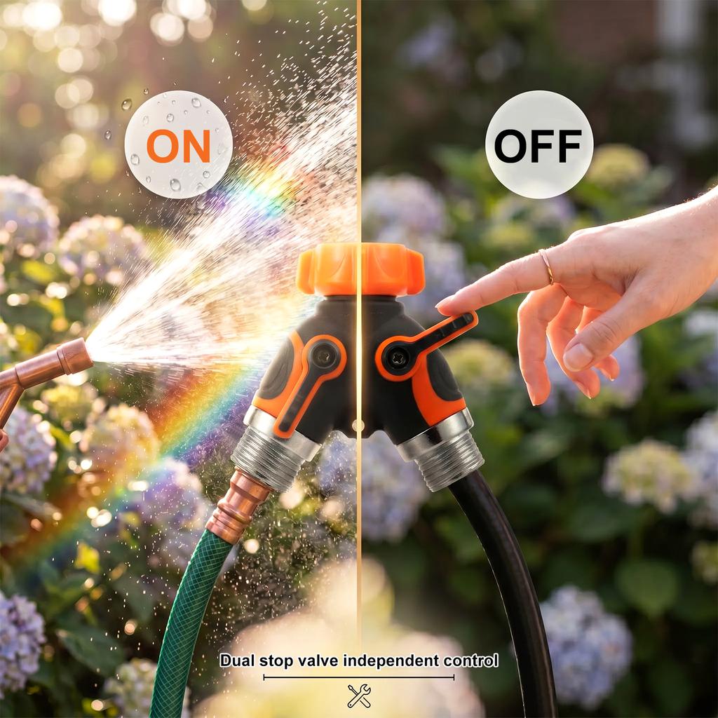 2 Way Hose Splitter Heavy Duty Metal Y Garden Hose Splitter with Shutoff Valves Outdoor Faucet Adapter 3/4 Inch GHT Water Hose C