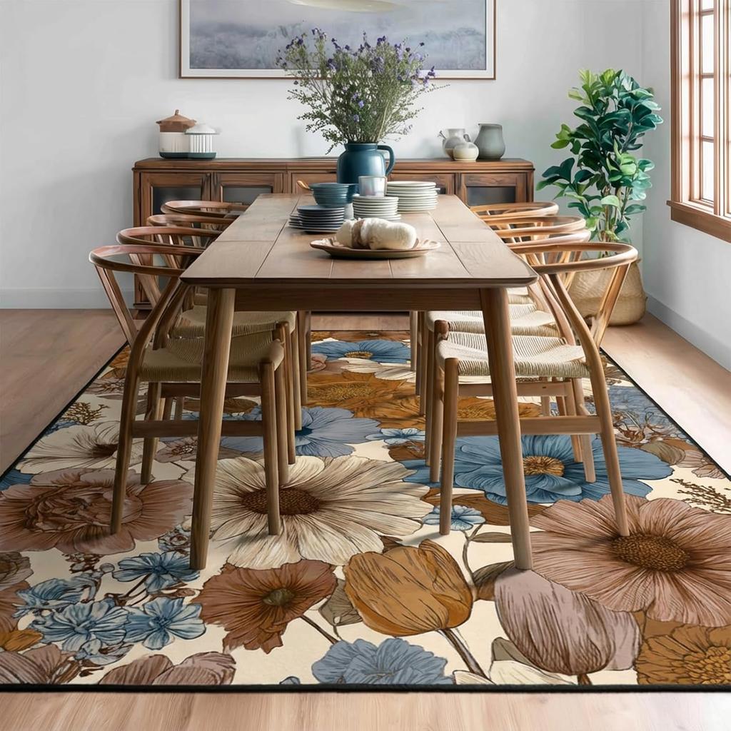 Vintage Floral Area Rug, Non Slip Blue Brown Carpet for Living Room Bedroom, Versatile Farmhouse Home Decor