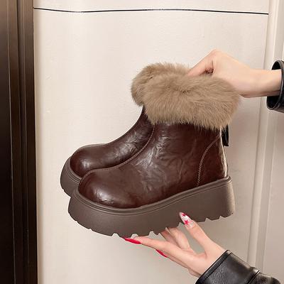 Маленькие туфли-ботильоны на толстой подошве с мехом, женские зимние бархатные ботинки 2025 новинка, супер популярные модные универсальные сноубутсы от интернет-знаменитости