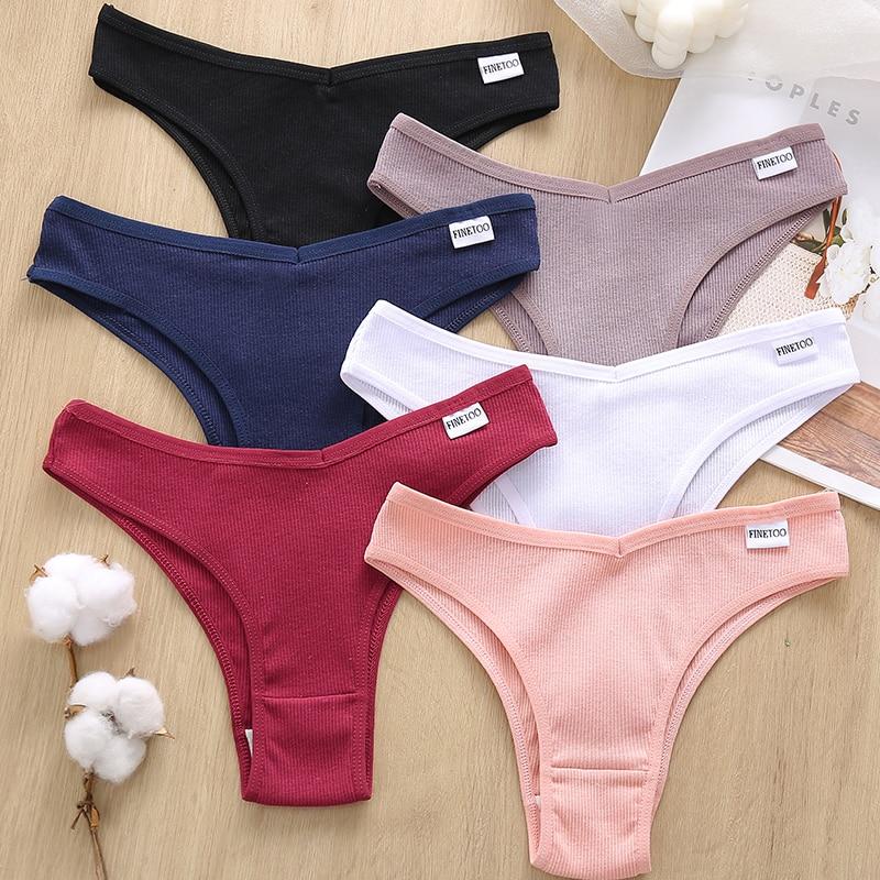 FINETOO 3Pcs Women Cotton Panties Sexy Thongs 6 Colors Underwear For Woman Low-Rise Underpant Bikini Briefs
