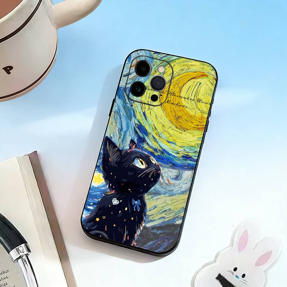 Ван Гог Чиби Кот Чехол для телефона Силиконовый Мягкий Для IPhone 17 16 15 14 13 12 11 X XR Plus Pro Max Plus