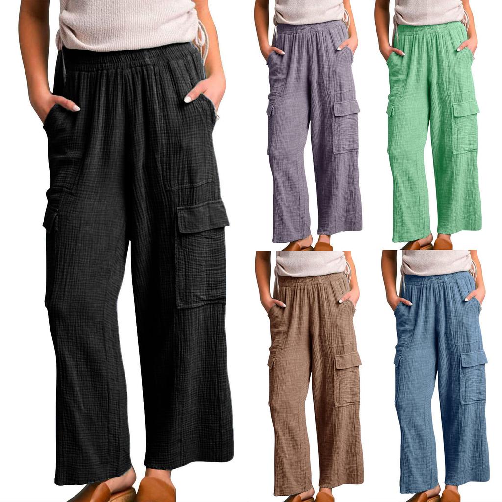 Женские мешковатые брюки с высокой талией и широкими штанинами, хлопковые льняные брюки-карго, брюки