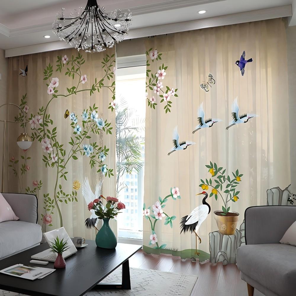 2 шт. Китайские шторы с цветочным и птичьим принтом и очаровательным пейзажем для гостиной, балкона, окон от пола до потолка и спальни