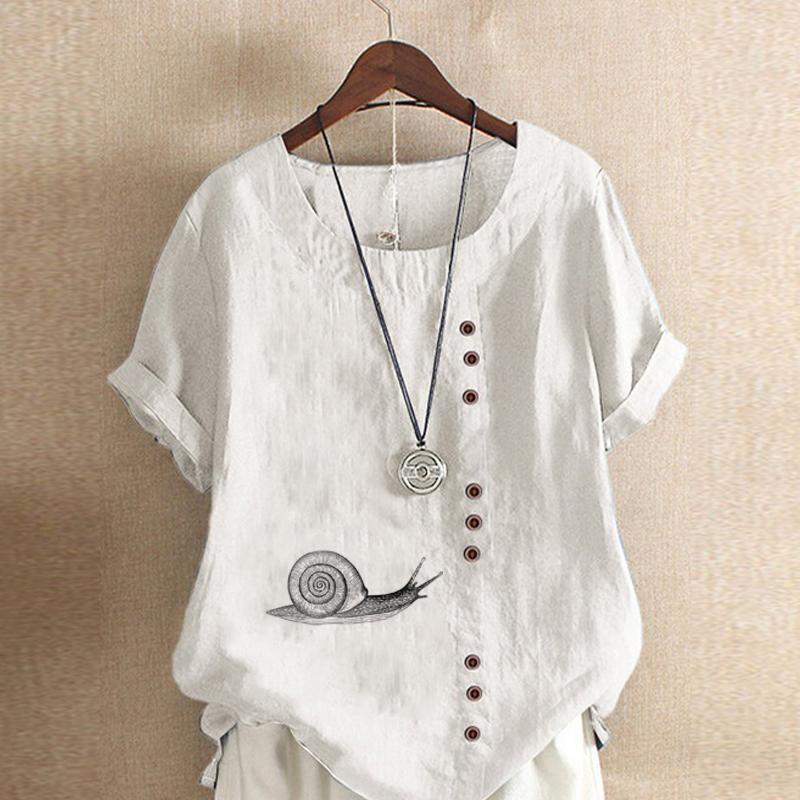 Women's Fashion Round Neck Short Sleeve T-shirt Casual Cotton Linen Graphic Shirt Leisure Loose Snail Prined Summer Blouse Tops