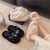 2025 Winter New Fashion Outer Wear Fluffy Slippers Women's Bow Flat Bottom One Word Velvet Home Cotton Slippers