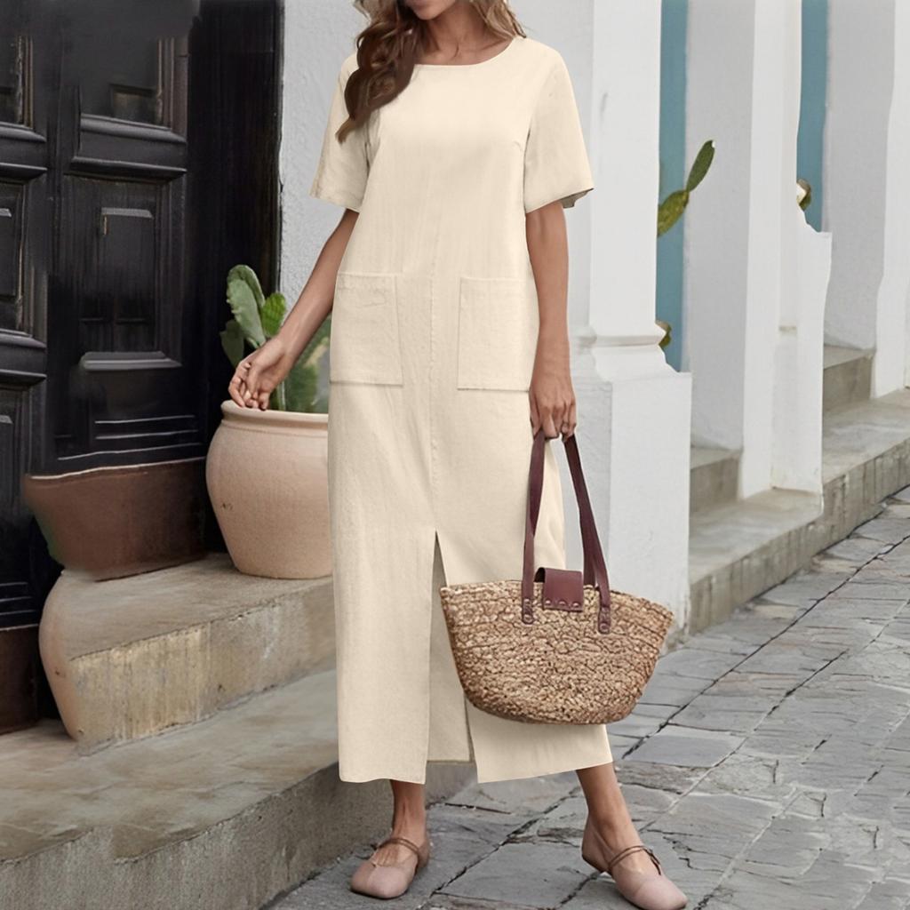 Женское модное платье из хлопка и льна, однотонное, свободное, с круглым вырезом и коротким рукавом