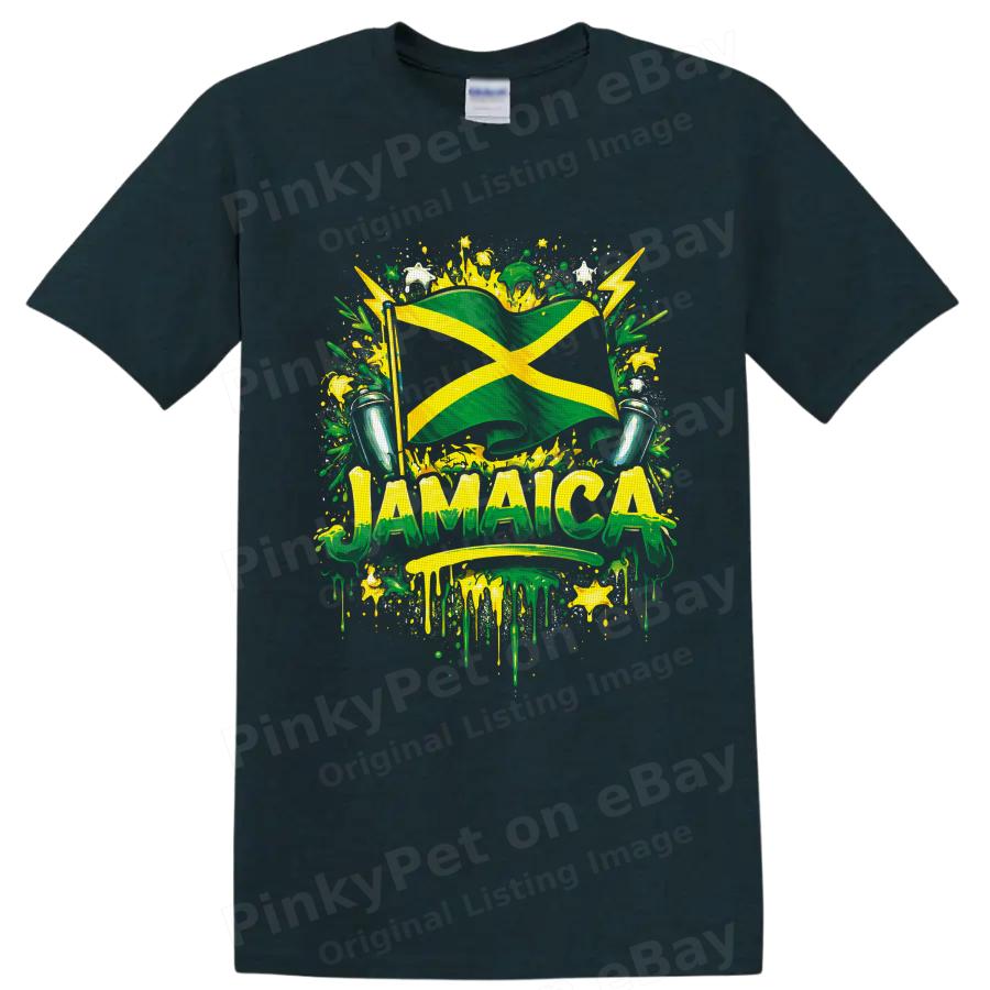 Jamaica Flag T Shirt w/ Tropical Drums Reggae Island Pride Vivid Graphic Art Tee