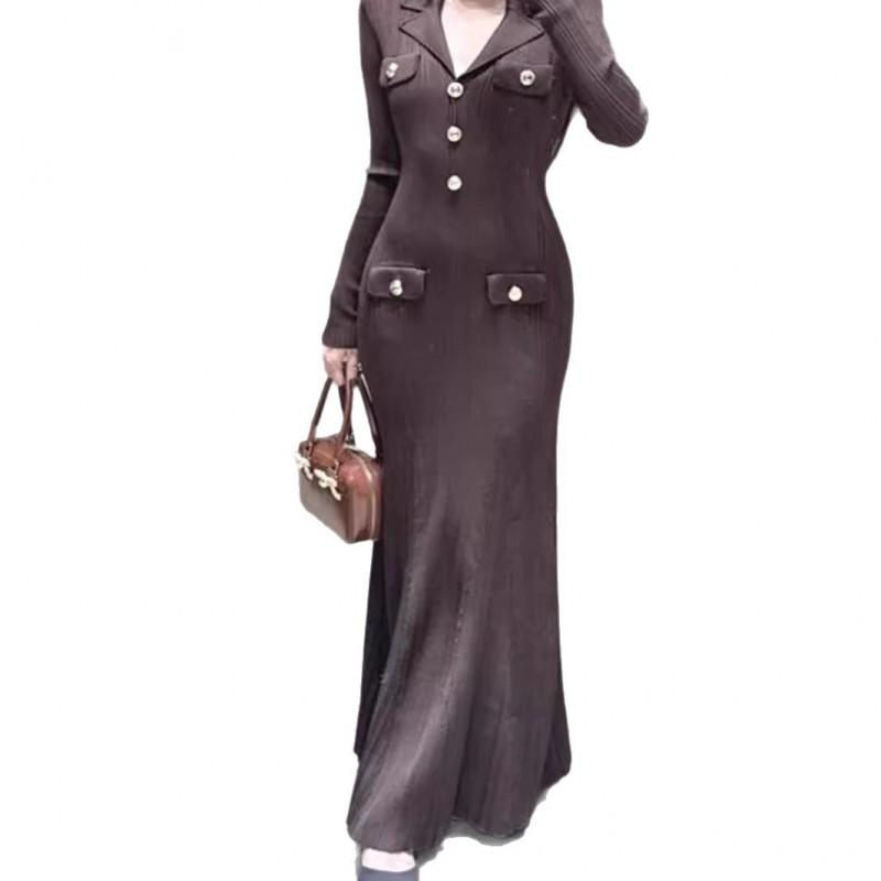 Elegant Brown Knit Wrap Dress With Turn-Down Collar High Waist Slim Fit Long Sleeve Office Chic Womens Midi
