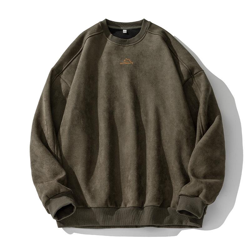 American retro heavy suede crew neck sweater men's spring new trendy brand loose casual couple top
