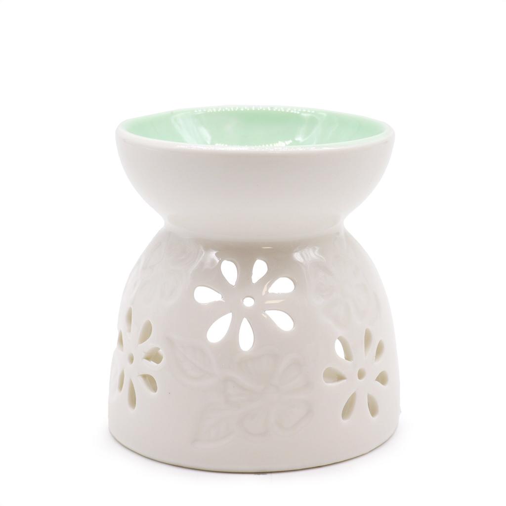 White Ceramic Oil Burner - Floral Teal Well