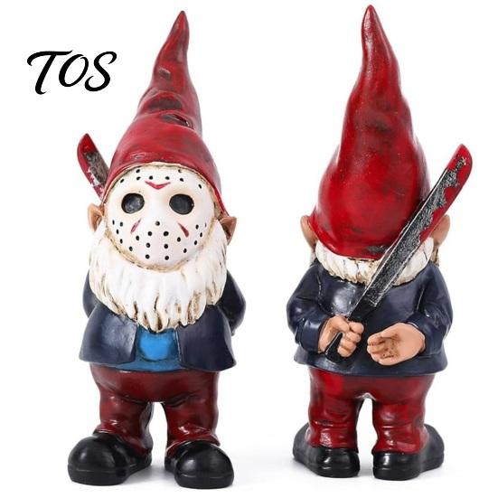 Decorative Halloween Party Favors Voorhees Resin Figurine, Cute Horror Hockey Mask Gnome Statue Hand Painted Art Pieces with Knife, Distressed