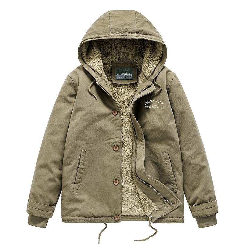 Winter New Men's Lamb Wool Jacket Tooling Cotton-padded Jacket Middle-aged and Young People Large Size Hooded Fleece Thickened Cotton-padded Jacket