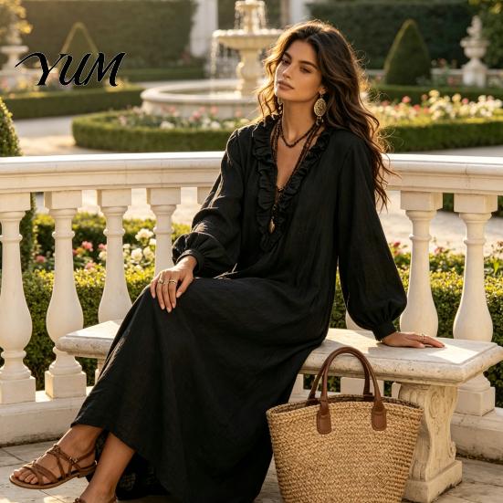 V Neck Dresses Women Ruffle Long Dress, Loose Fit Casual Midi Spring Autumn Dress Solid Color Sleeves for