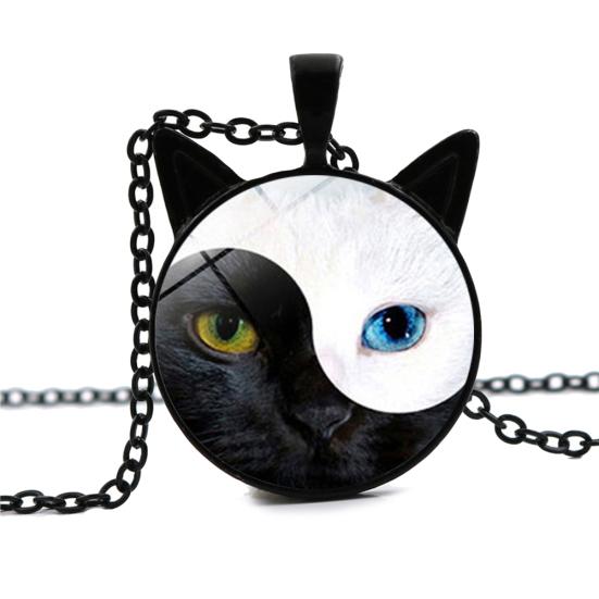 Женщины Тай Чи Инь Ян Cat Стеклянный кулон Ожерелье Свитер Цепь Ювелирный Подарок