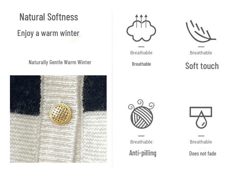 2024 Women's Color Block Pure Wool Knit Cardigan - Casual Round Neck, Loose Fit with Button Closure