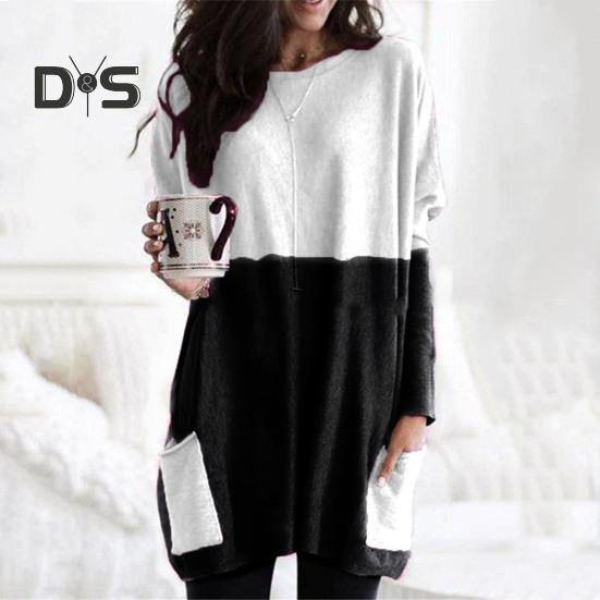 Женские топы с круглым вырезом, длинным рукавом, цветные блоки, пуловеры, топы с карманами, свободный крой, рубашка средней длины, повседневная одежда