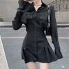 Black Shirt Dress Women Elegant Vintage Long Sleeve Dresses Sexy Gothic Pleated Streetwear Turn-down Collar Casual Robe