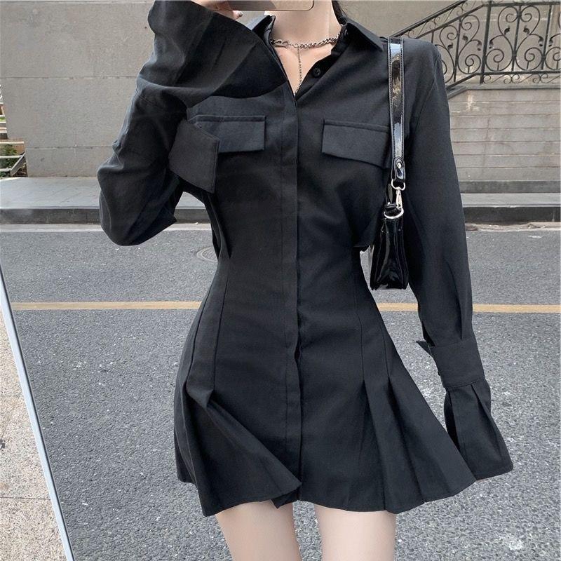 Black Shirt Dress Women Elegant Vintage Long Sleeve Dresses Sexy Gothic Pleated Streetwear Turn-down Collar Casual Robe