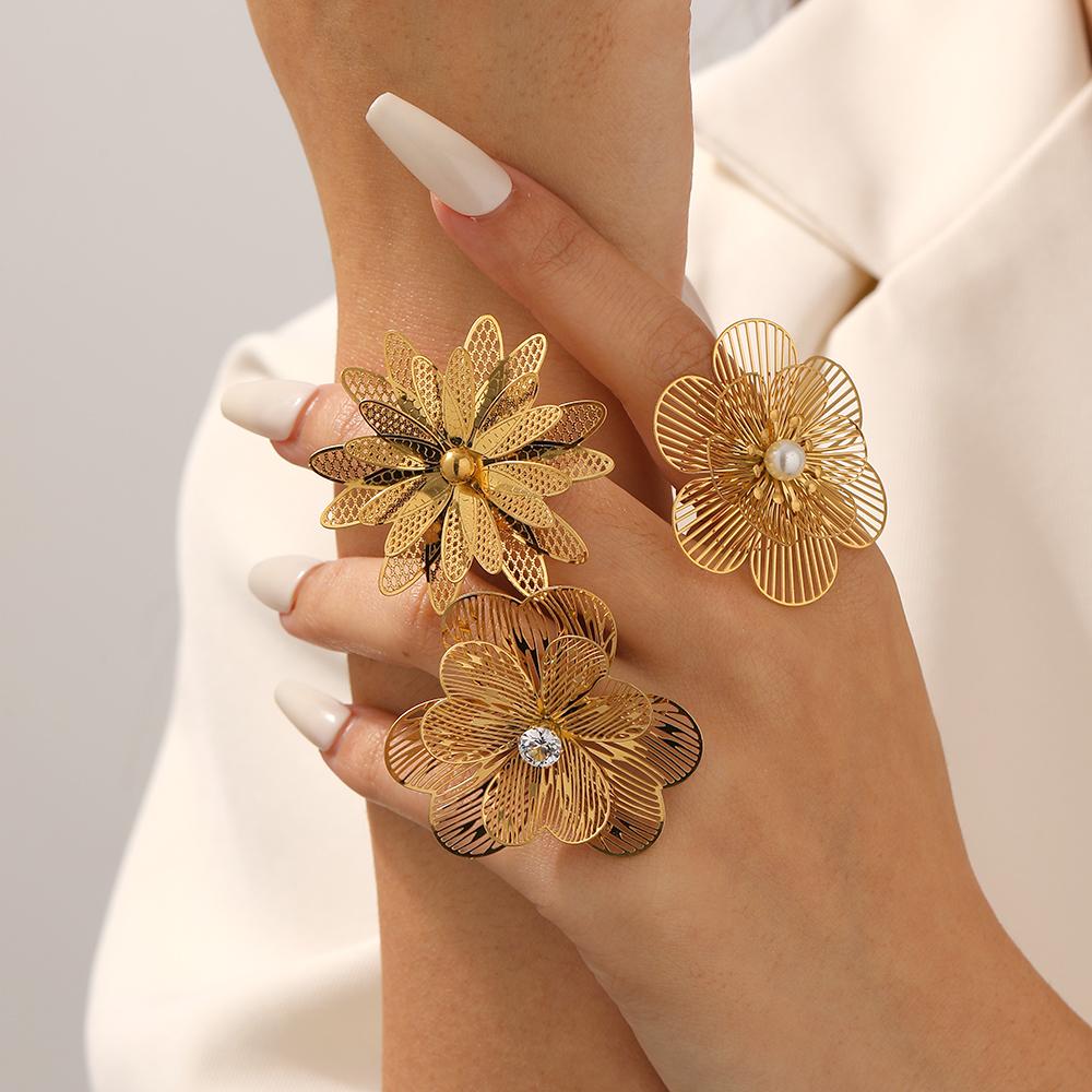 DIEYURO 316L Stainless Steel Golden Hollow Striped Flower Inlay Pearl Zircon Opening Ring Lady New Fashion Concise Ring Jewelry