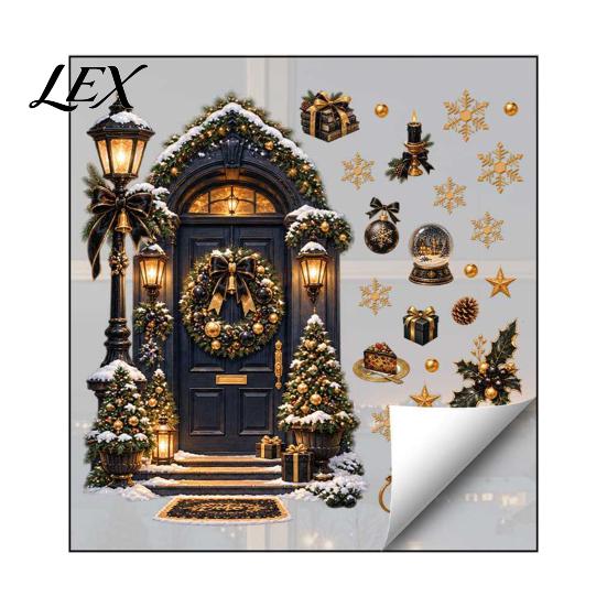 Decals Christmas Window Clings, Black Gold Santa Claus/Angel/Xmas Tree/Street Lamp DIY Holiday Art Sticker, PVC Reusable Static Double-Sided Decal for