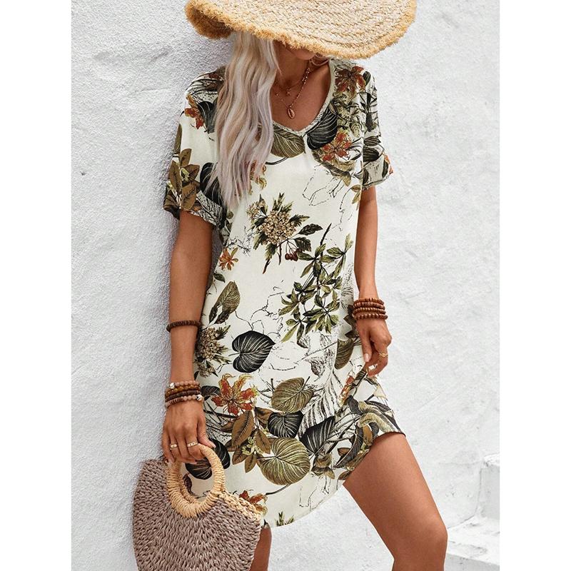 Summer Vacation Elegant Casual Loose Waist Short Dress Women V Neck A Line Print Vintage Dresses Women Fashion Short Sleeve Beach Sexy Dress 25883