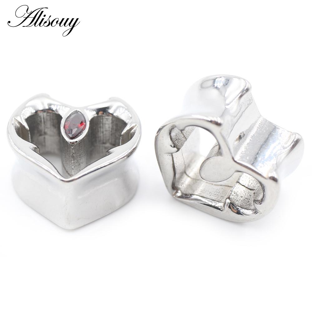 Alisouy 1PC Нержавеющая сталь Сердце Череп Глаз Красный циркон Ушные туннели Пробка Расширитель Растяжитель Измерители Серьги Пирсинг Украшения для тела