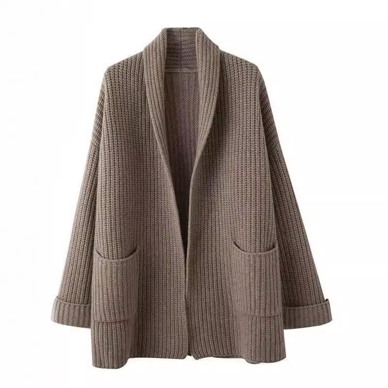 Женский осенне-зимний вязаный кардиган средней длины с воротником, мягкий и липкий, свободный свитер в стиле ленивой кофты