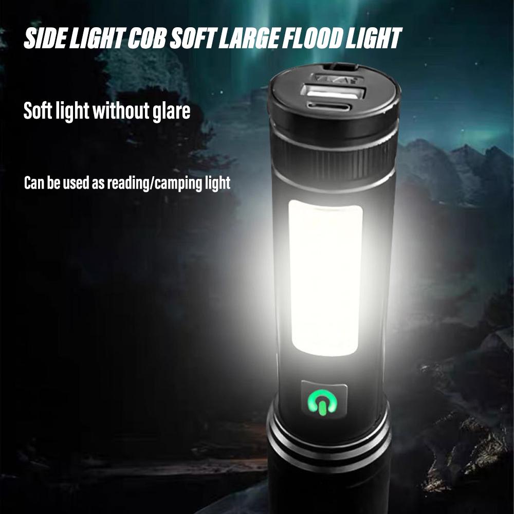 Super Bright LED Flashlight Rechargeable Torch Portable Work Light Outdoor Camping Light Can Telescopic Zoom Support USB Output