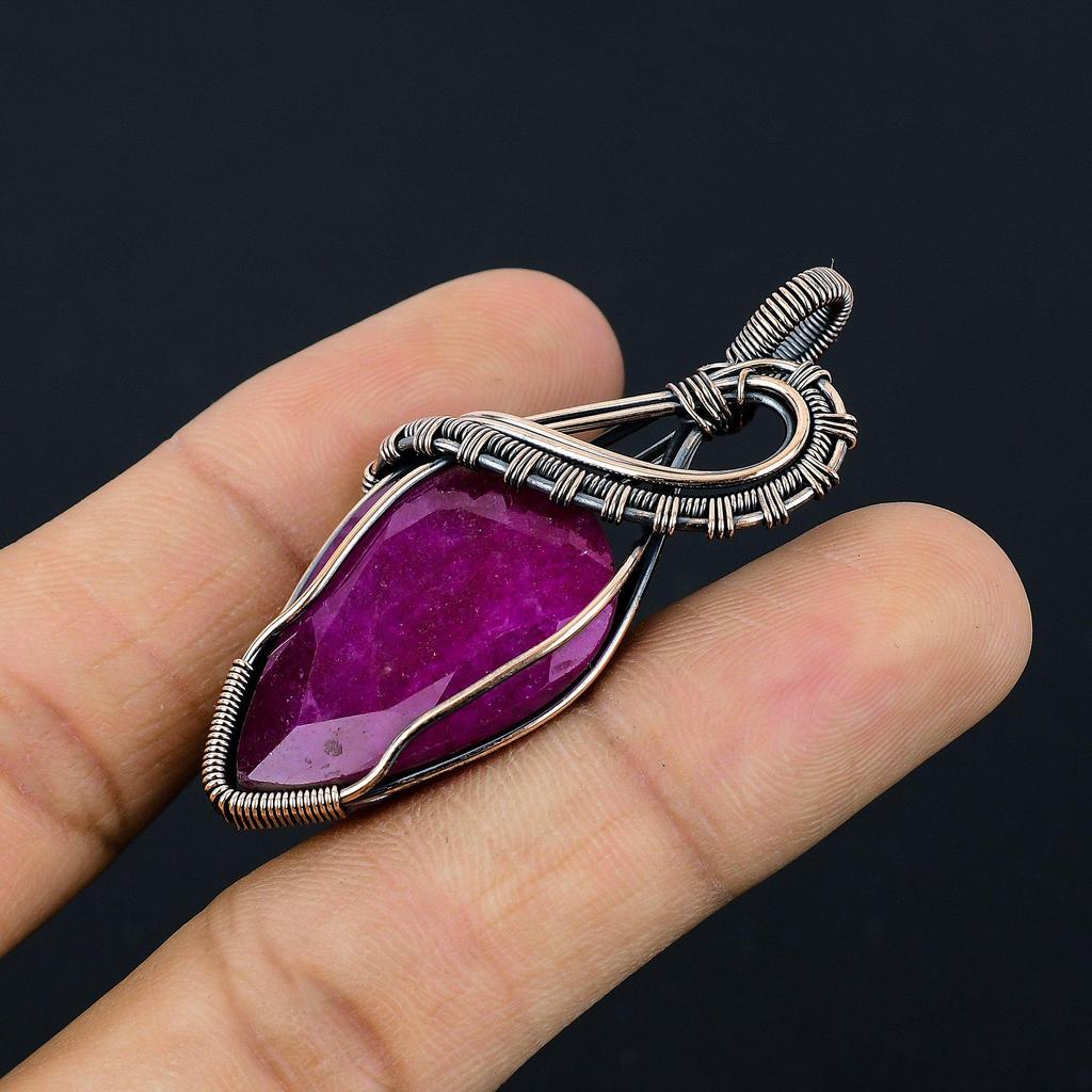 Рубиновый кулон Ювелирные изделия из драгоценных камней, Кулон ручной работы, обернутый медной проволокой 999 пробы, Ювелирные изделия новейшего дизайна