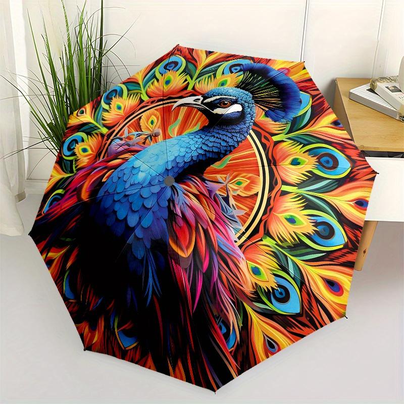Peacock Feathers Theme 8 Bone Hand Automatic Folding Fashion umbrella, Compact and Portable Design, A Perfect Gift for Birthday, Christmas o