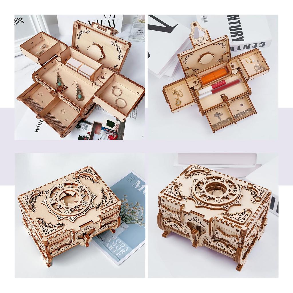 Hallisun 3D Wooden Puzzle, 7-in-1 Storage Box, Music Box, 142 Pieces, DIY Mechanical Wooden Model Kit, Jewelry Keepsake Storage Box, Adults 14+,