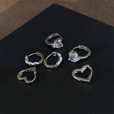 Серьги-кольца в форме сердца серебристого цвета с цирконами, набор сережек для женщин, милый, крутой, стильный
