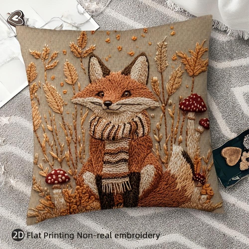 Autumn Fox Faux Embroidery Pillow Cover Double Sided 2Dprint Cozy Pillow Cover Bedroom Living Room Sofa Warm Vibe Accessory Gift