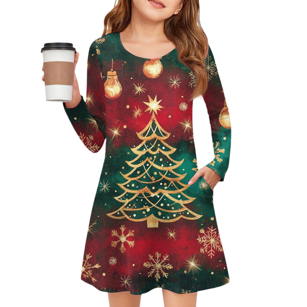 Christmas Day Girls' Long Sleeve Dress - Color Pocket Dress
