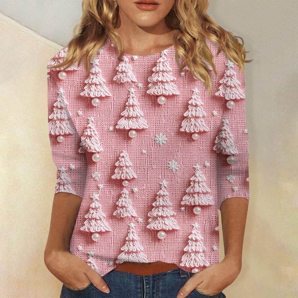 Women's Fashionable Casual Three-Quarter Sleeve Christmas Print Round Neck Top