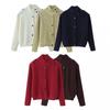 2026 Womens Street Style High Neck Knit Cardigan Coat Solid Color Loose Fit Long Sleeve Button Front Casual Top