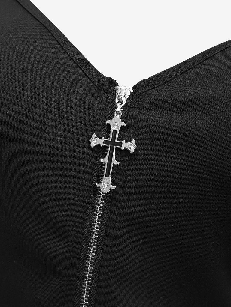 Rosegal Gothic Plus Size Ажурная вставка с перекрестной молнией на бретельках из искусственной кожи с пряжкой-люверсом