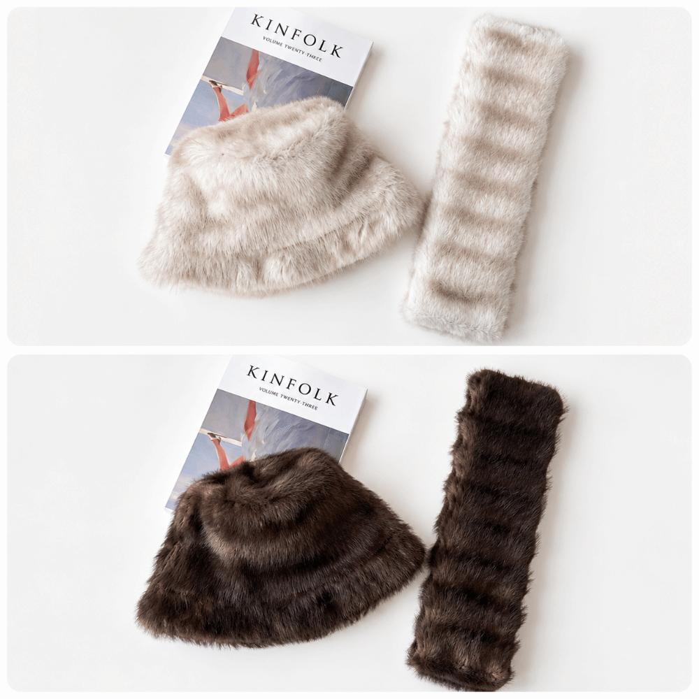 Faux Fur Winter Hat Scarf Set Thick Warm Fisherman Hat Scarf Fashion Plush Snood Scarf Women