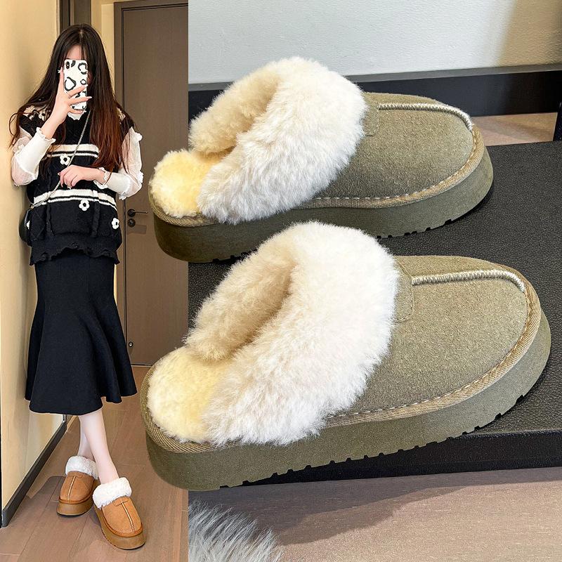 2024 Autumn and Winter New European and American Fashion Wooly Thick Sole Half Drag Women's Shoes Wear Slippers Outside The Home