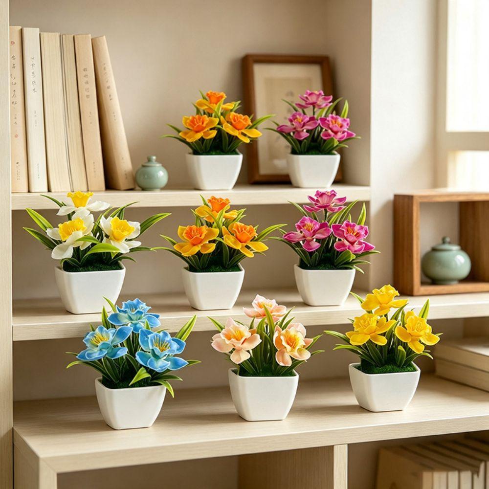 With Flowerpot Artificial Flower Bonsai Green Leaves Faux Potted Flowers Office Hotel