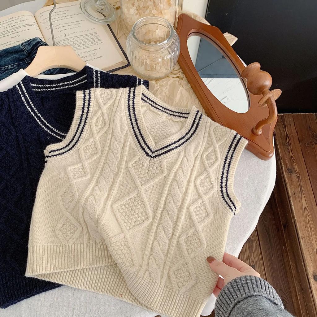 Детский жилет Осенняя одежда для малышей Жилет с V-образным вырезом для мальчиков Вязаный полосатый модный свитер для девочек Зимняя одежда для малышей