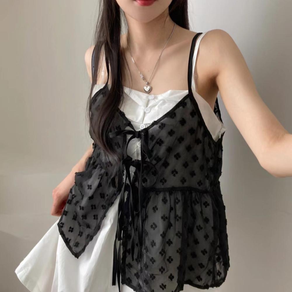 French Lace Sling Elegant Mesh Tops Women Summer Fashion Stacked Design Loose Gauze Tanks Korea Vintage Outwear Camis 2024 New